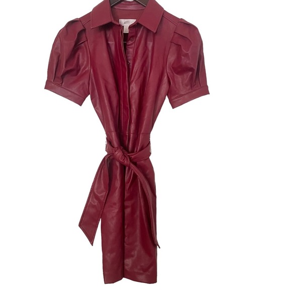 Rachel Parcell Red Vegan Leather Puff Sleeve Belted Collared Dress Size XXS NWT - Picture 4 of 8